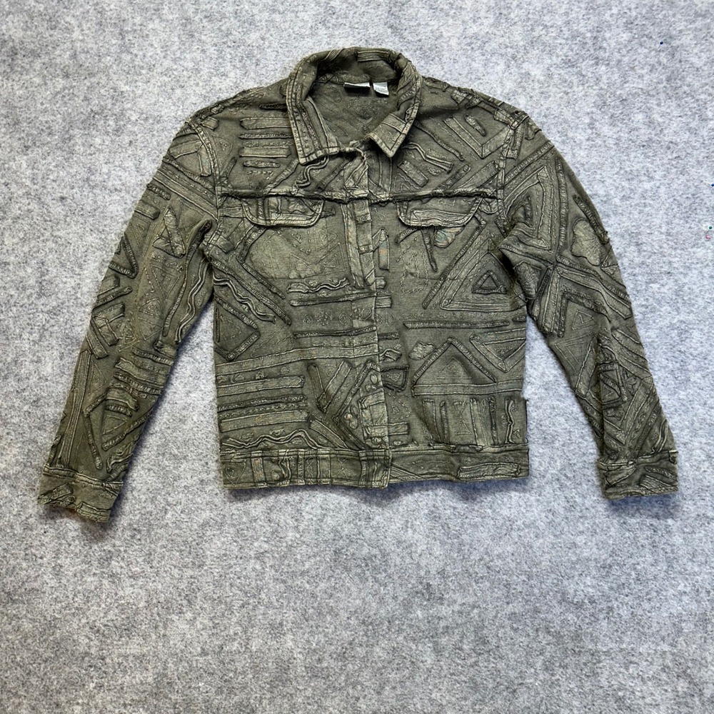 Vintage Chico's Trucker Jacket Womens Size 1/S Olive Green Abstract Art to Wear